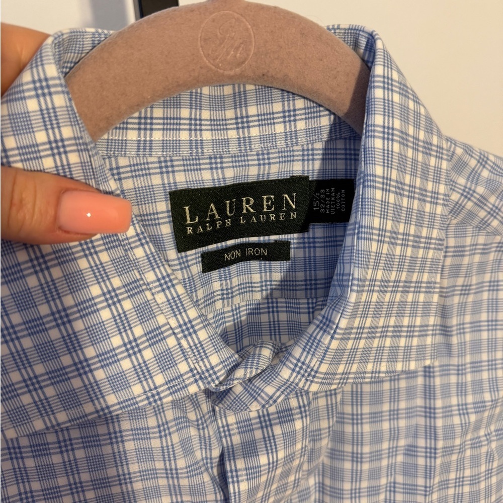 Vintage Lauren Ralph Lauren Men’s Blue and White Checkered Shirt - Picture 4 of 5